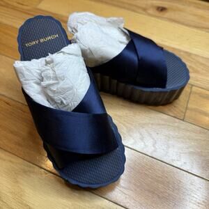 Tory Burch Womens Scallop Navy Shimmery Satin Wedge Platform Sandals Sz 7M